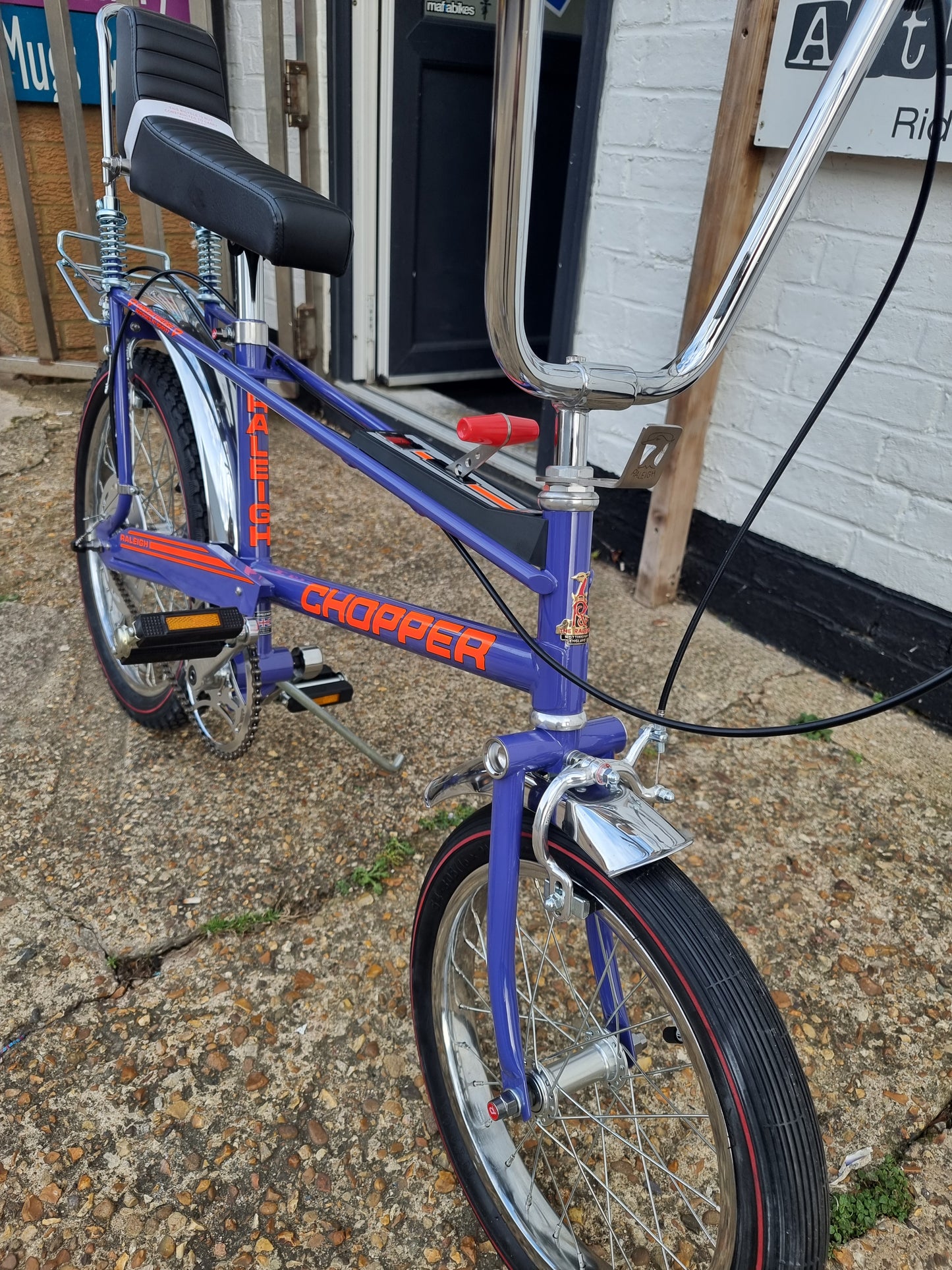 Raleigh  chopper in ultra violet purple .relive those childhood days with this new run from raleigh of choppers in ultra violet purple these are as exact as the origional bikes are 3 speed stormed archer gears