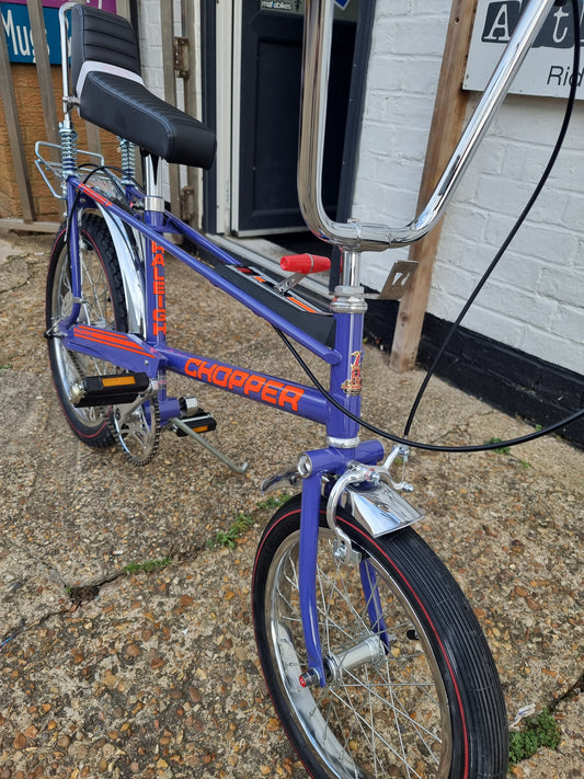 Raleigh  chopper in ultra violet purple .relive those childhood days with this new run from raleigh of choppers in ultra violet purple these are as exact as the origional bikes are 3 speed stormed archer gears