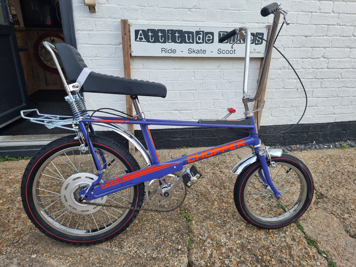 Raleigh  chopper in ultra violet purple .relive those childhood days with this new run from raleigh of choppers in ultra violet purple these are as exact as the origional bikes are 3 speed stormed archer gears